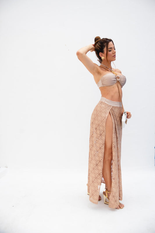 Sunlit Lace Beach Skirt – Nude Elegance