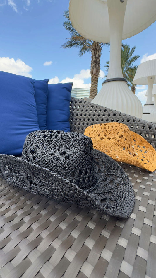 Texas Crochet Straw Hat – Black & Natural