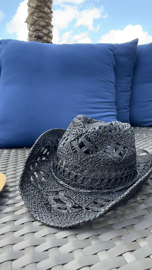 Texas Crochet Straw Hat – Black & Natural